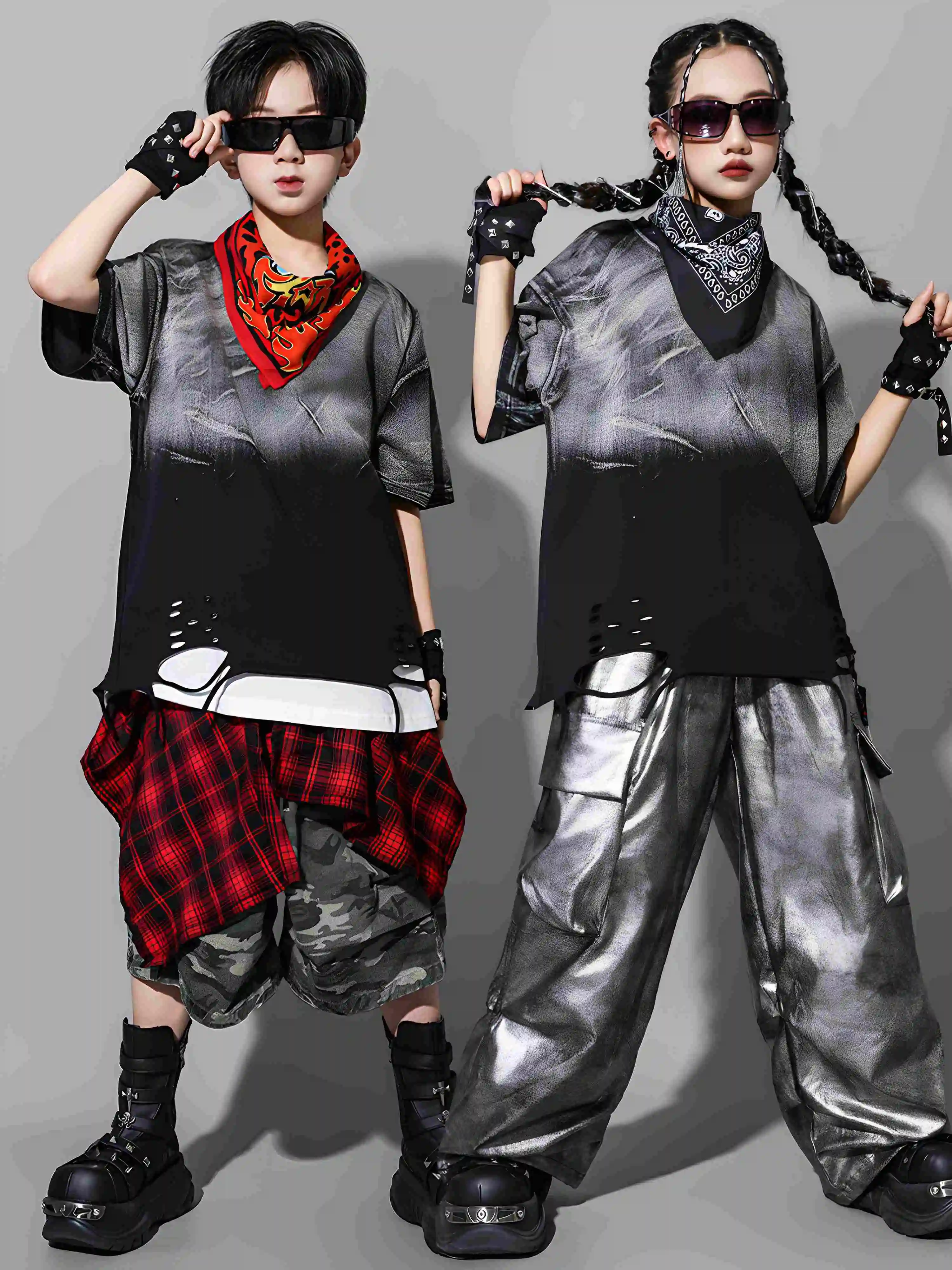 

2025 Children Hip Hop Costume Short Sleeves T Shirt Silver Pants Boys Poppin Performance Suit Girls Jazz Dance Clothes BL16437