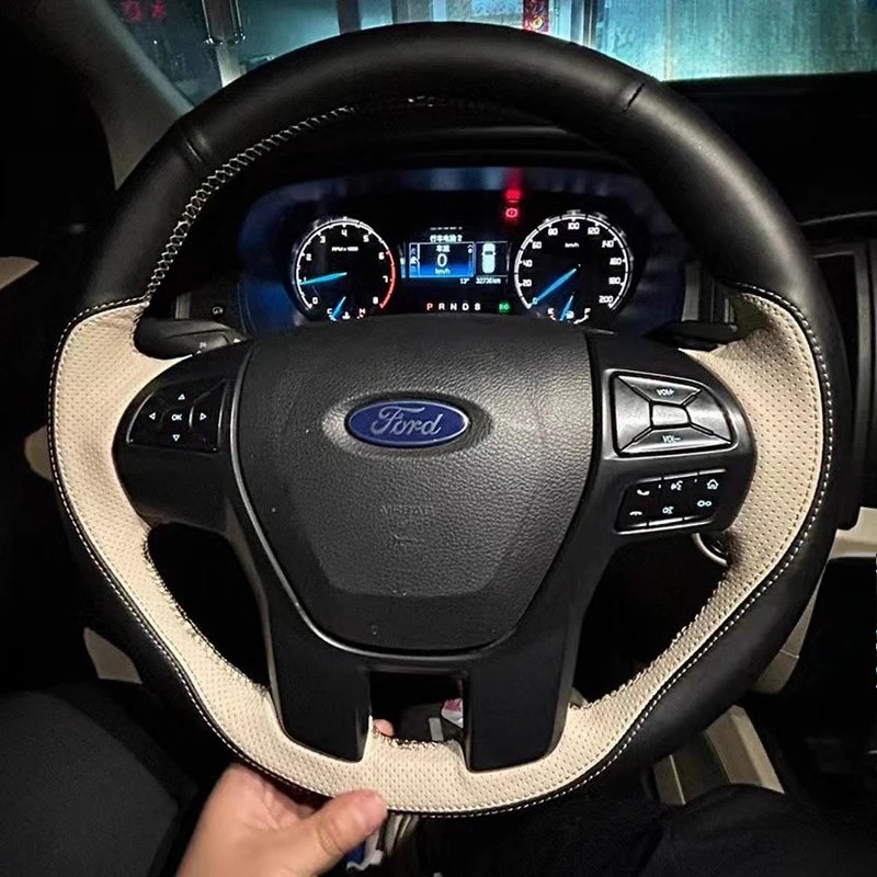 

Для Ford Ranger Everest 2016-2019 ручная работа, высококачественный черный, белый цвет, чехол на руль автомобиля из натуральной кожи