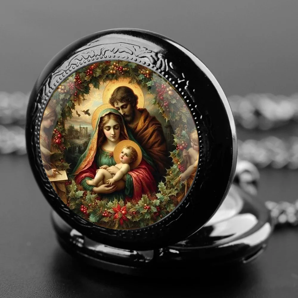 ساعة جيب كريستيان كاثوليكية عتيقة مريم العذراء بيبي يسوع بتصميم قبة زجاجية مع سلسلة متينة هدية للجنسين للرجال #3