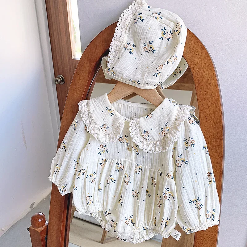 

1-3T Ins Spring and Autumn Rompers Onesies Cute Floral Long-sleeved Hooded Doll-collar Baby Bag Baby Girls Crawl Clothes