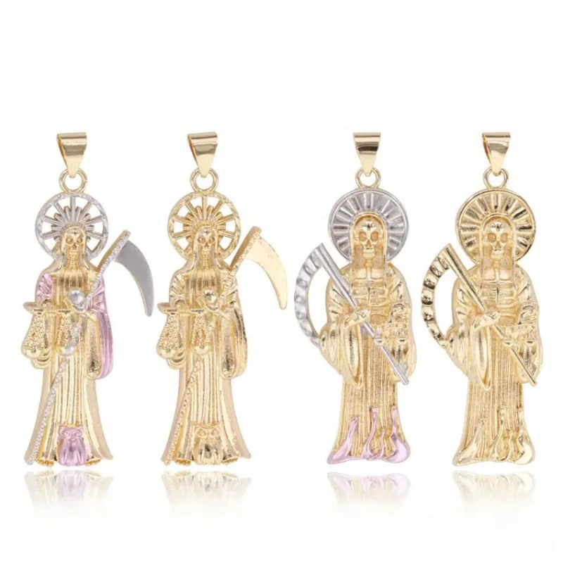 Ruixi Gold Plated Three Color Laminated Gold Santa Muerte Religious Medal Santisima Necklace Pendant Gift for Men and Women