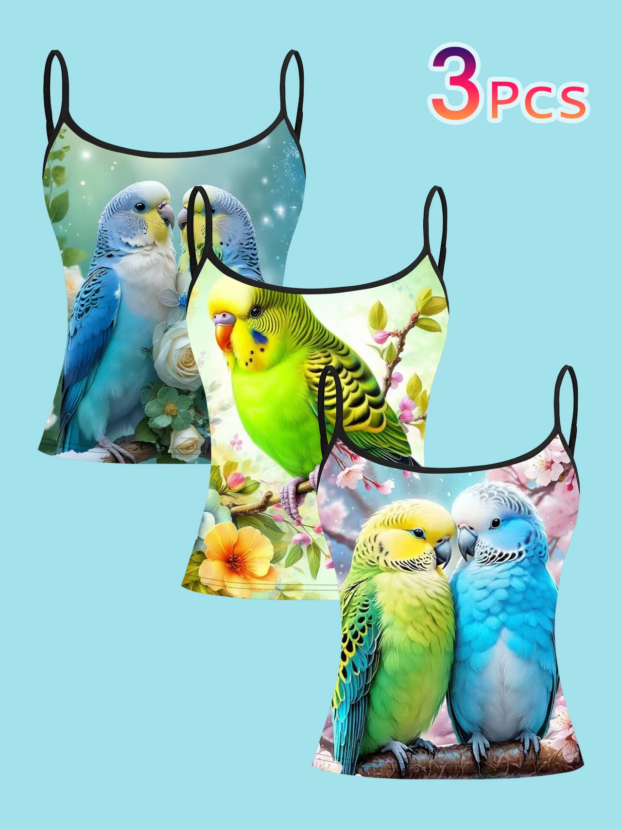 3-Pack of Women's Cute Budgerigar Print Camisoles, Pastoral Style Small Parrot Floral Pattern Slim-Fit Spaghetti Strap Sleeveless Base Tops