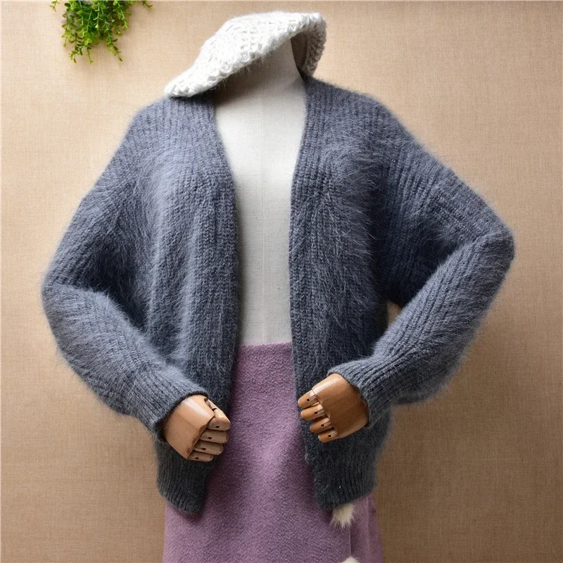 female women autumn winter clothing grey mink cashmere knitted striped long batwing sleeves loose short cardigan coat sweater