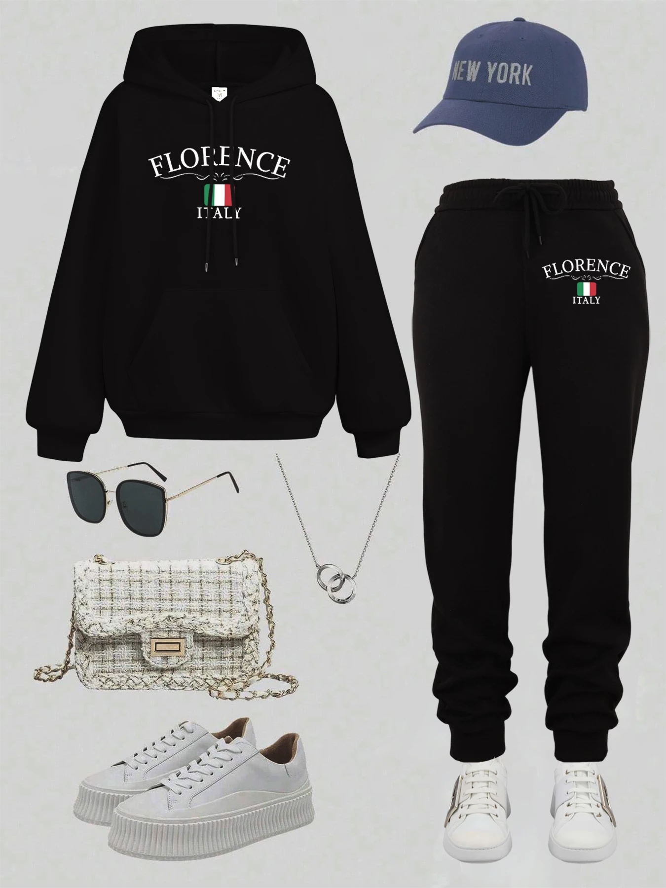 

Florence Italiy с принтом букв и флага, комплект с капюшоном, женский спортивный свитер с карманами, повседневные спортивные штаны для бега, осенние флисовые длинные брюки