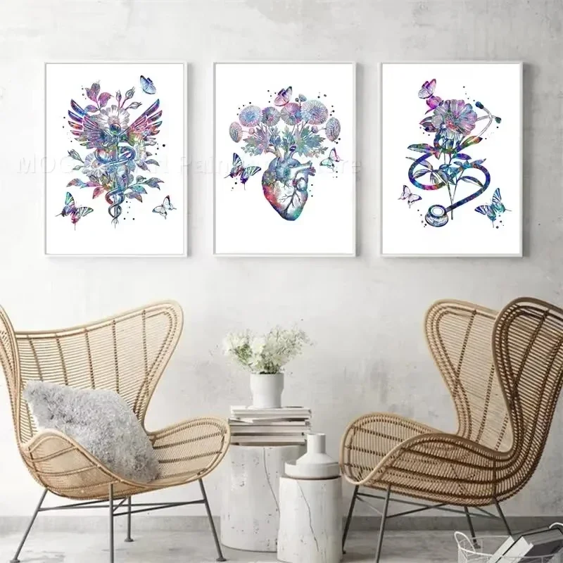 ألوان مائية زهرة القلب الدماغ الرئة الأضلاع DNA الجهاز تشريح المشارك الطبية طباعة جدار الفن قماش اللوحة صورة لعيادة ديكور