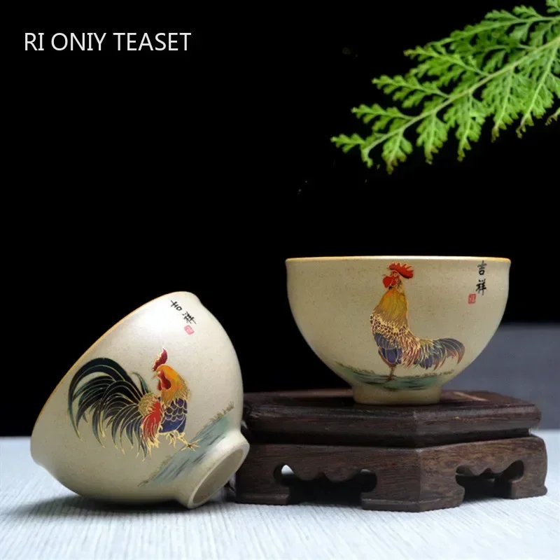 Antique Pottery Ceramic Teacup Hand Painted Cock Tea Cup Travel Portable Tea Bowl Pu'er Master Cup Chinese Tea set Accessories