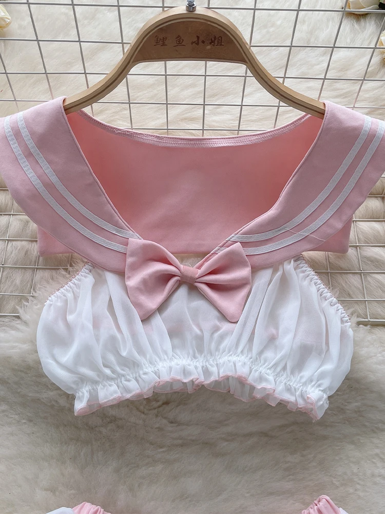 Conjuntos de dos piezas para mujer, Top corto sin mangas con cuello marinero y minipantalones cortos Vintage Y2k, pantalones rosas, conjunto de ropa Vintage de los años 2000