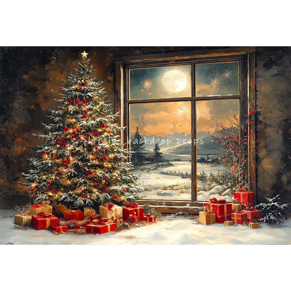 Christmas Windows Fairy Tale Santa Claus Backdrops Kids Adult Photography Child Family Xmas Trees Big Moon Snowy Backgrounds