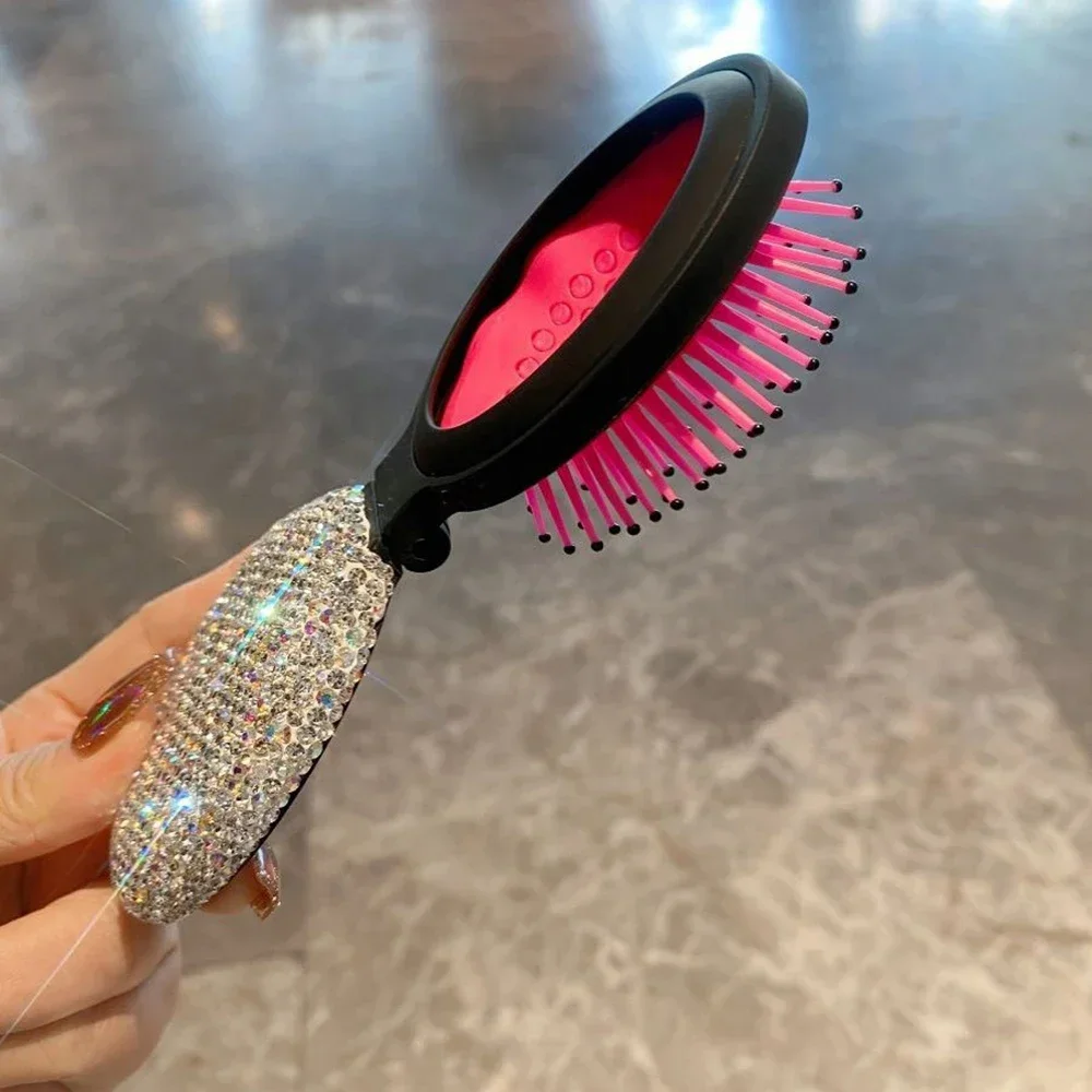 Mini Portable Folding Comb Mirror Sparkling Diamond Air Cushion Bling Rhinestone Cosmetic Travel Pocket Hair Brush Makeup Tool