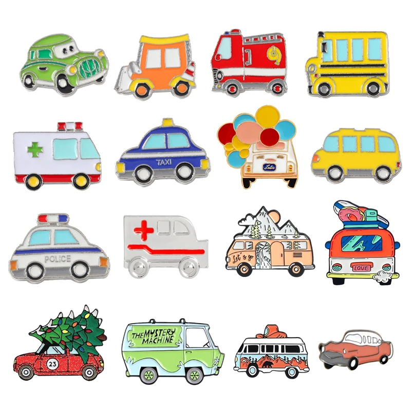 Cartoon Travel Bus Camper Enamel Pins Car Truck Motorhome Adventure Police Brooch Alloy Bag Clothes Badge Jewelry Accessories