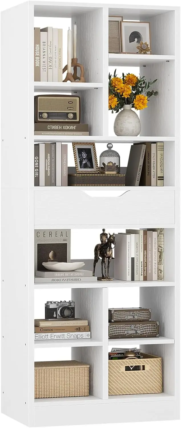 

8-уровневая книжная полка с выдвижным ящиком, высота 73,6 дюйма, современная открытая полка на 10 кубов для гостиной, офиса, спальни — белая