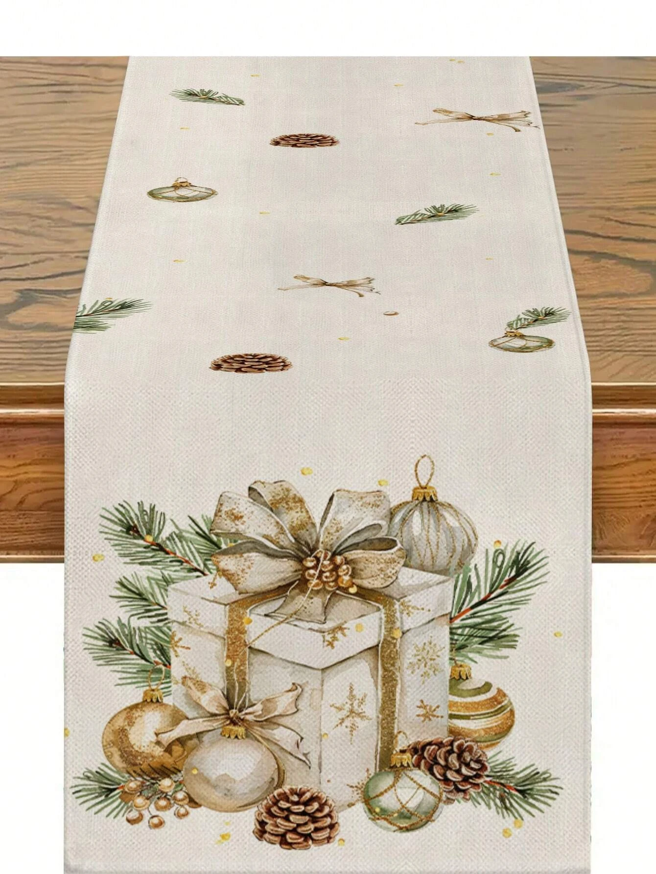 1pc Luxury Christmas Gift Box Table Runner, Linen Material, 2D Flat Print, Multi-Season for Dining Table, Kitchen & Living Room