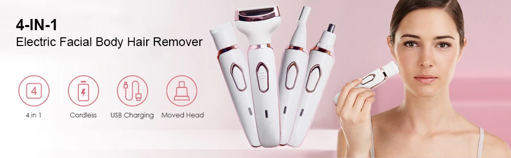 4-in-1 Elektrischer Damenrasierer, wiederaufladbarer Haarentferner, Pflegegerät für Körper, Bikinizone, Gesicht, Augenbrauen und Nasenhaare – Detail 1