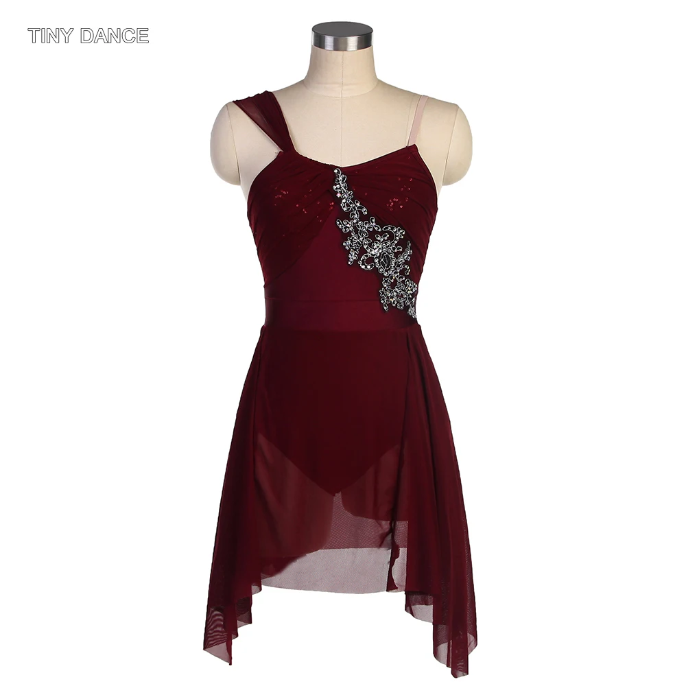 

Lyrical Dress Burgundy Spandex Bodice with Black Applique Trim in Front Contemporary Dance Costume Women Stage Show Clothes