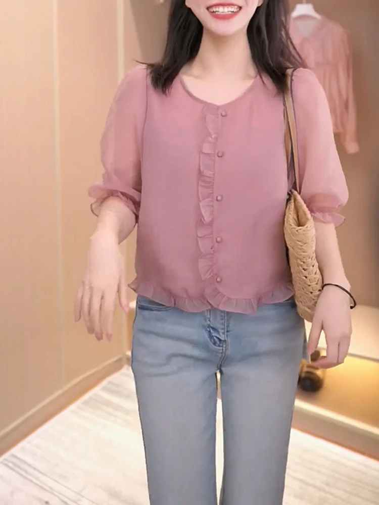 

Летний топ с коротким рукавом в корейском стиле цвета лотоса для женщин больших размеров, повседневный, с эффектом омоложения