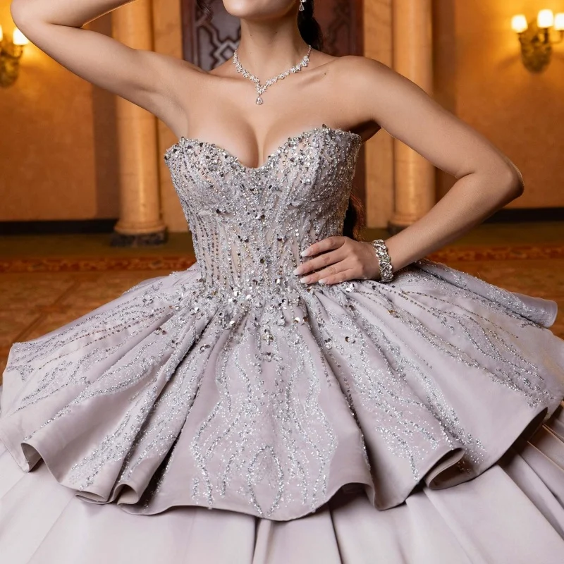 

Silver Gray Quinceanera Dresses Off the Shoulder Glitter Decal Crystal Layering Long tail Bow Vestido De 15 Quinceanera Customiz