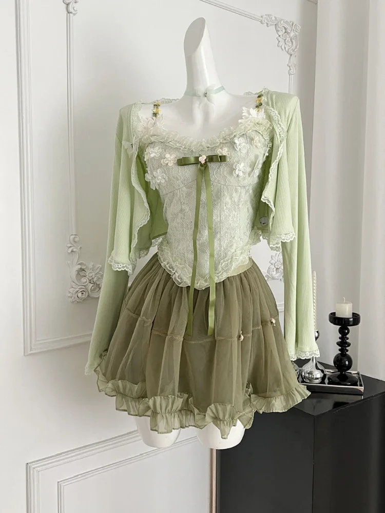 

Korean Original Design Elegant Sweet Women Lace Cardigan+bow Flower Vest+Elastic Waist Mini Skirt 3 Piece Set 2025 New Summer