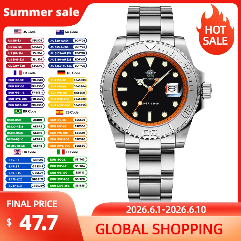 

ADDIESDIVE High-Quality Luxury Men's Watch 41mm Super Luminous Ceramic Bezel Calendar Watches 200m Waterproof Diving Pop Watch
