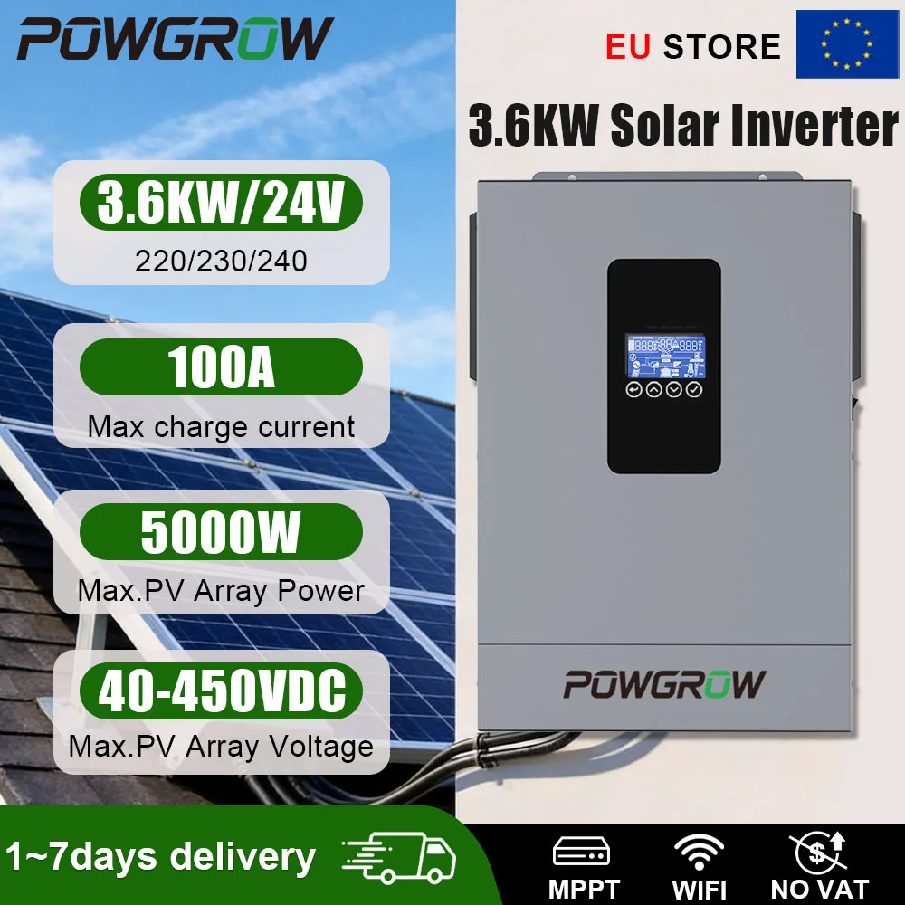POWGROW 3.6KW Hybride Off-Grid Omvormer 24V MPPT 40-450VDC 5000W PV 100A Lader 7.2KW Piekstroom 10ms Schakelwerk Geen Batterij Nodig Thuis EU