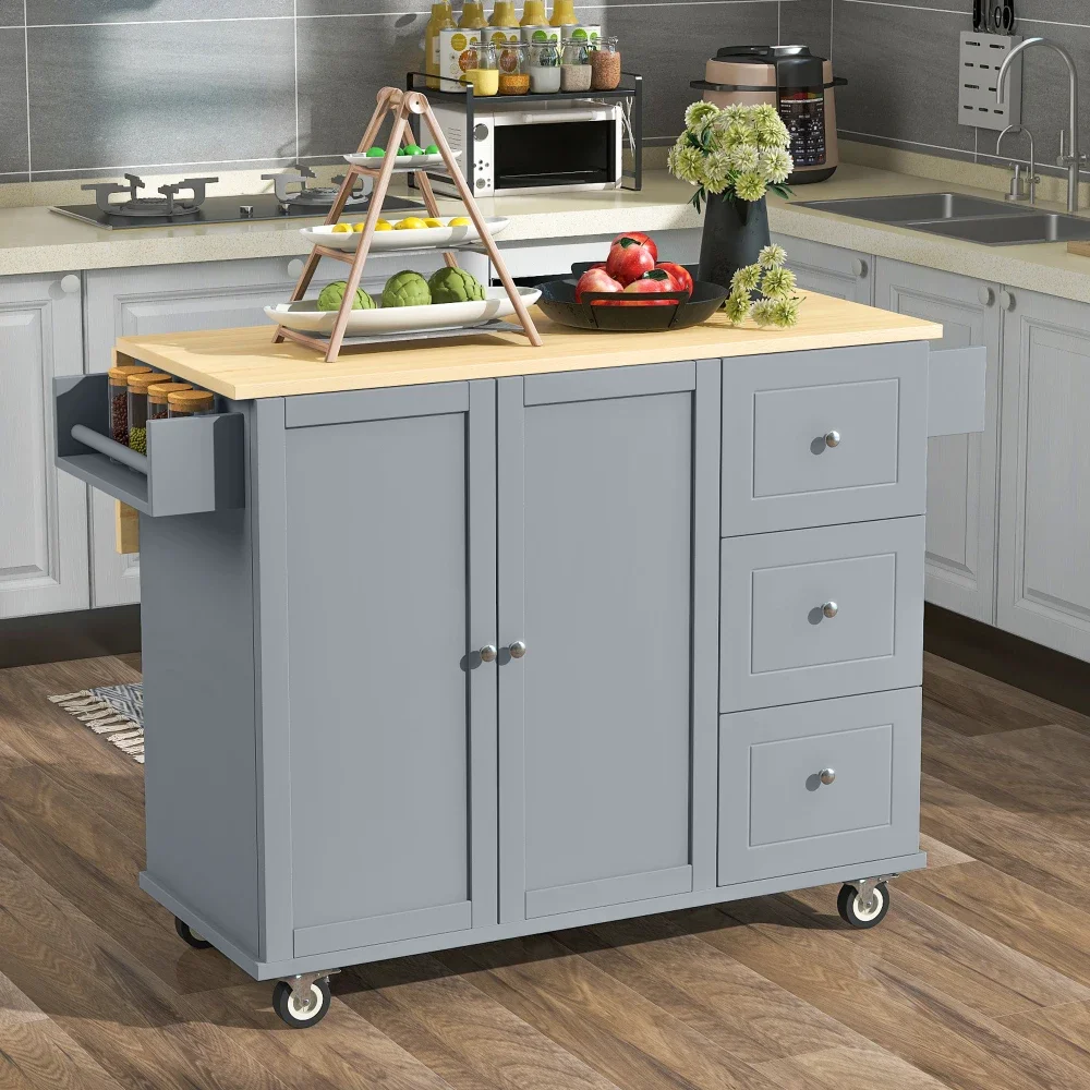 Rolling Kitchen Island with Solid Wood Top and Locking Wheels 52.7 Inch Kitchen Cart with Storage Cabinet and Drop Leaf