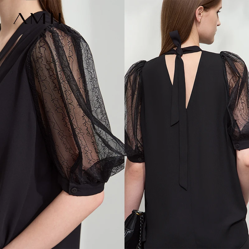 Amii Minimalistisches, lockeres Premium-Chiffon-Hemd für Damen, 2025, Sommer, neue Krawatte, V-Ausschnitt, dünne Blasenärmel, einfarbige Bluse 12542134