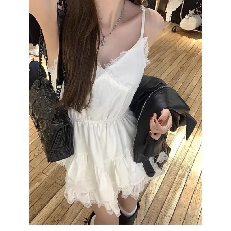 Houzhou süße Spitze Mini Coquette ästhetisches Kleid Frauen koreanische sexy einteilige kurze ärmellose elegante Party kleider y2k