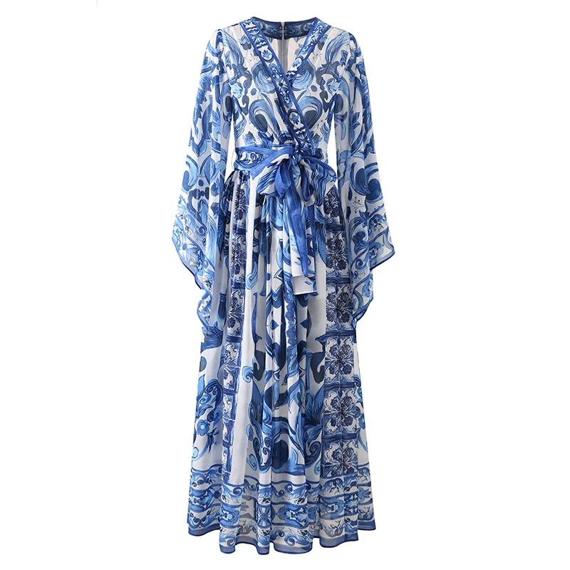 Red Blue And White Porcelain Print Holiday Dress Summer Vintage Bohemia Dress Women\'s Loose Lace Up Belt Long Robe Vestido