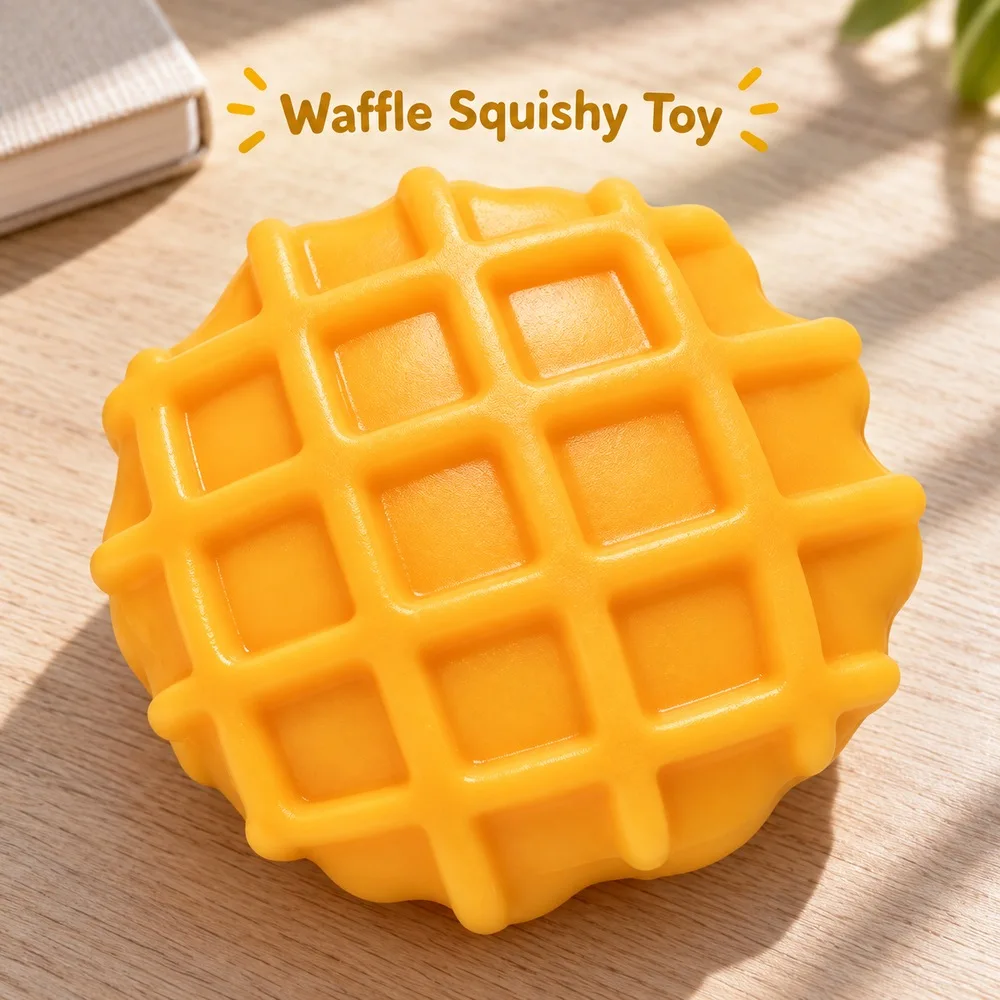 Waffle Squishy Toy Soft Golden Yellow TPR Round Grid Texture Dessert Shape Handheld Squeeze Fidget Desk Gift for Teens Adults