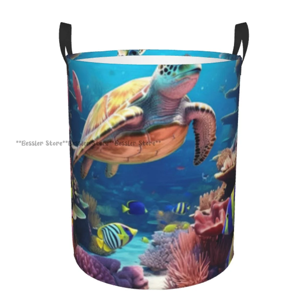 Laundry Basket Marine Life Colorful Coral Reef With Turtle Image Round Storage Bin Collapsible Hamper Clothes Bucket Organizer