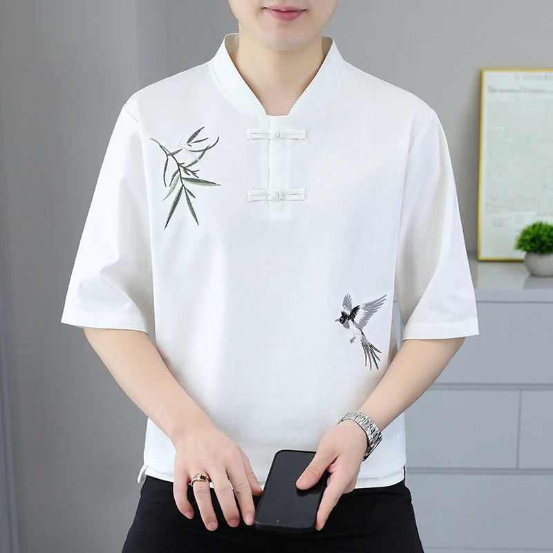 Summer New Style Men's Traditional Chinese Embroidery Loose Round-neck Short-sleeved