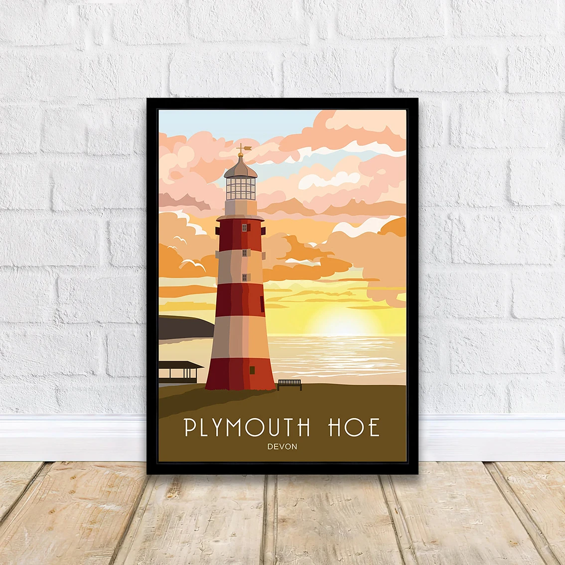 

Plymouth Hoe Smeaton Tower Devon travel poster Vintage travel art print Home decor Sunset lighthouse canvas painting poster
