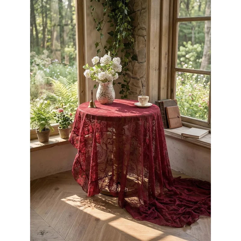 Bohemian Wine Red Floral Lace Tablecloth, Oversized Drapey Lace Table Cover for Photo Shoot, Vintage Aesthetic Home & Event Deco