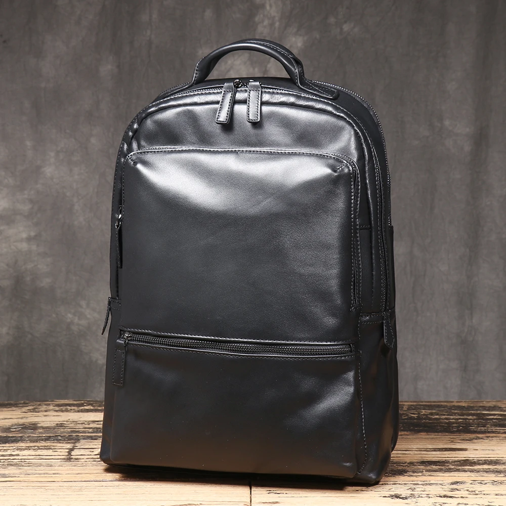 New Genuine Leather Black Backpack, High-Quality First-Layer Cowhide, Large-Capacity Laptop Bag That Fits a15.6-Inch Computer.