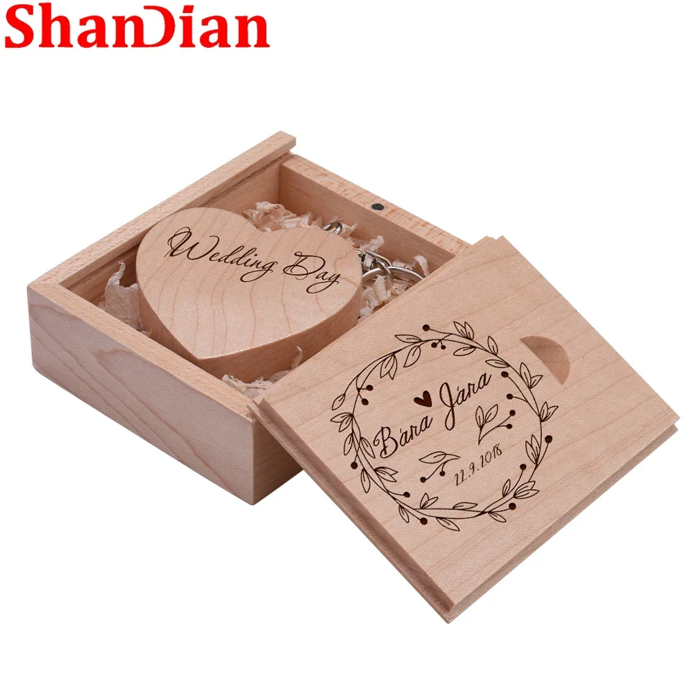10 قطعة/الوحدة صندوق خشبي و القلب محرك فلاش USB 128 جيجابايت شحن مخصص شعار القلم محرك 64 جيجابايت القدرة الحقيقية الذاكرة عصا 32 جيجابايت هدية الزفاف
