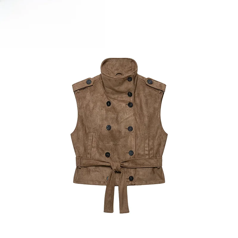 Fashionable Faux Suede Vest with Belt Autumn New Arrival Women's Clothing Commute Style Polyester Fabric Casual Scenarios