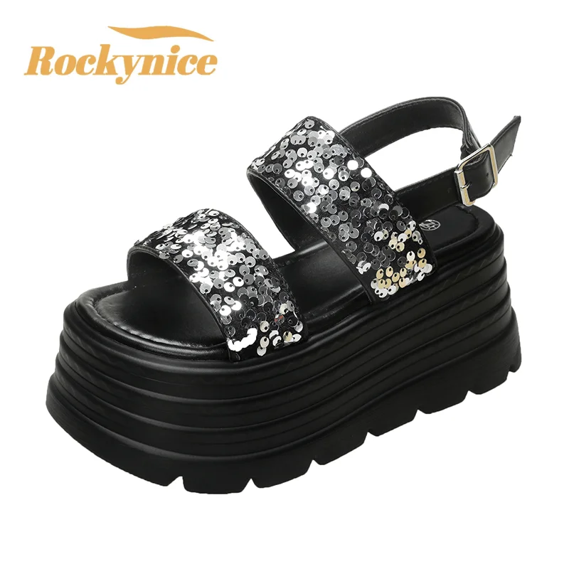 

Женские сандалии на высокой платформе, лето 2021, дизайнерская обувь на массивной танкетке, блестящие пляжные тапочки, женские сандалии-гладиаторы на каблуке 8,5 см