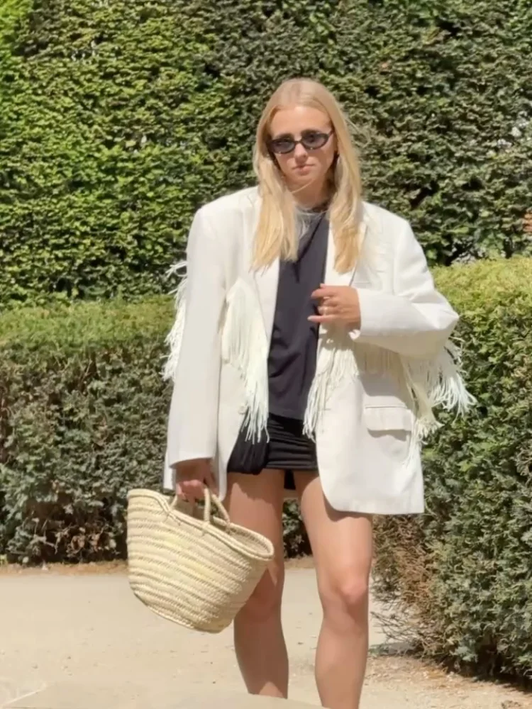Chic Women Oversized Fringe Blazer Jacket Open Front Lapel Long Sleeve Linen Blend Loose Fit Lady Daily Streetwear Daily Coat