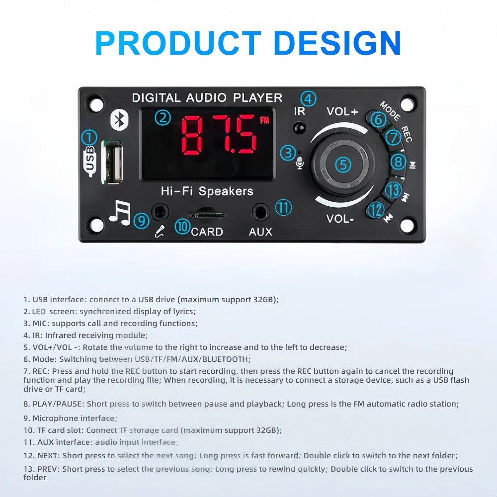 50W DIY Amplifier Bluetooth 5.0 Decoder Board 12V Microphone FM Radio TF USB AUX Car Audio Music Player Speakers Volume Control