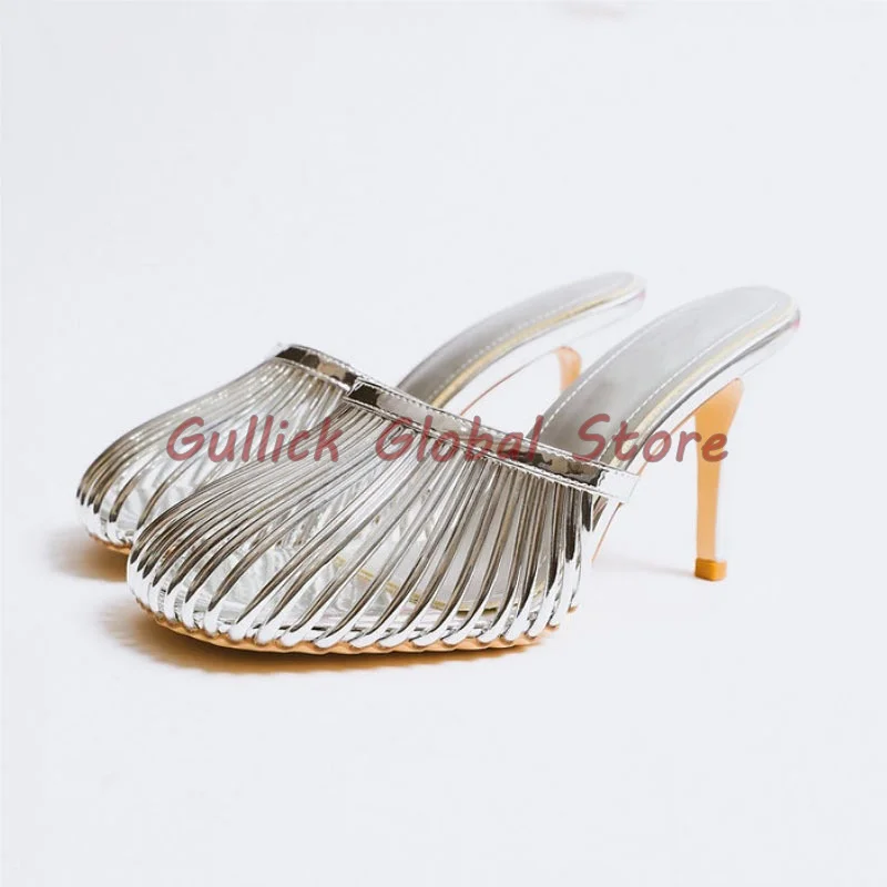 2024 New Slides Round Toe PU Shallow Narrow Band Hollow Slippers Shell Summer Sand Beach Outside Wear Fashionable Design Shoes