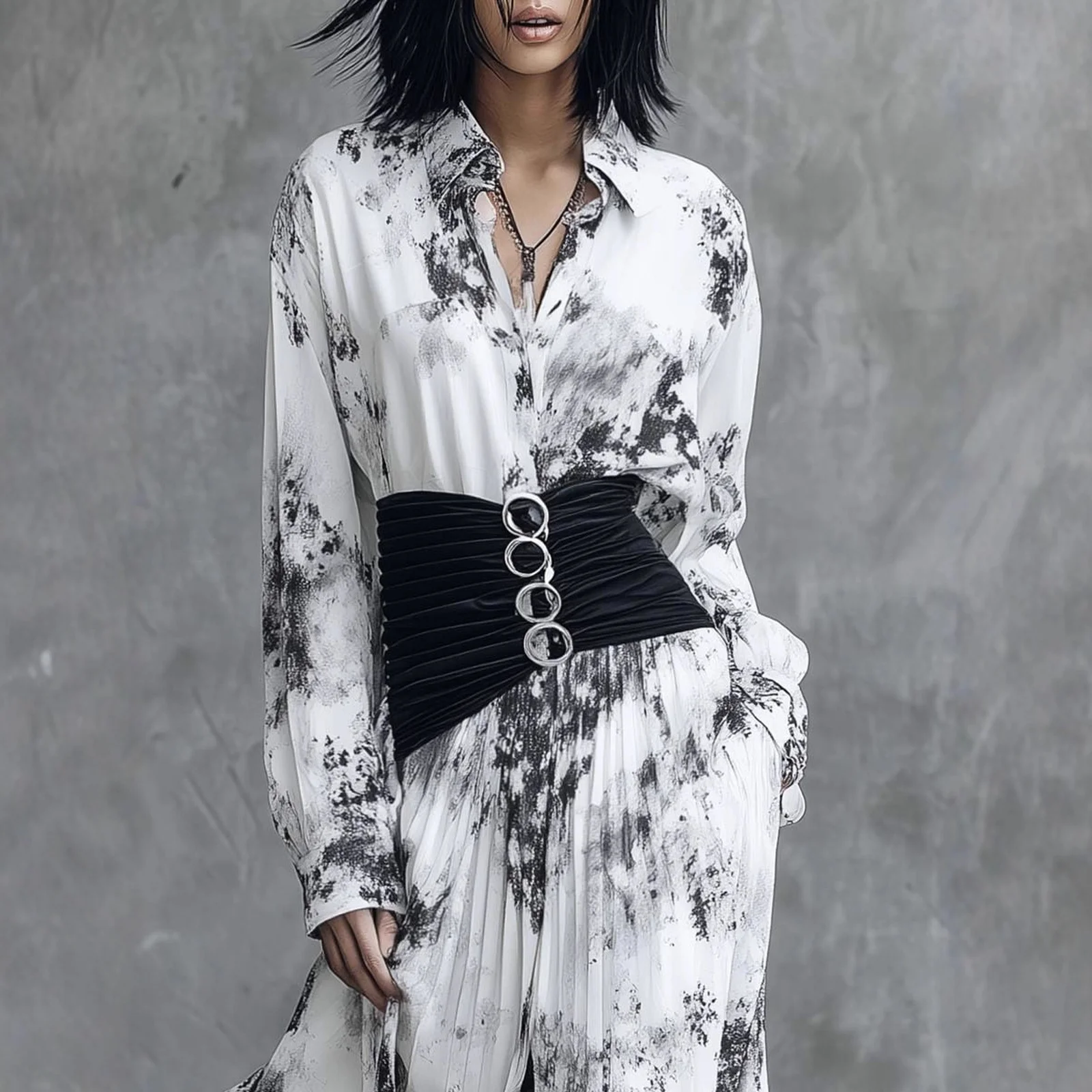 Robe chic à col en V, ceinture, taille froncée, robe maxi fluide à volants, robe chemise à rayures, fente latérale, accent métallique, robe décontractée tendance