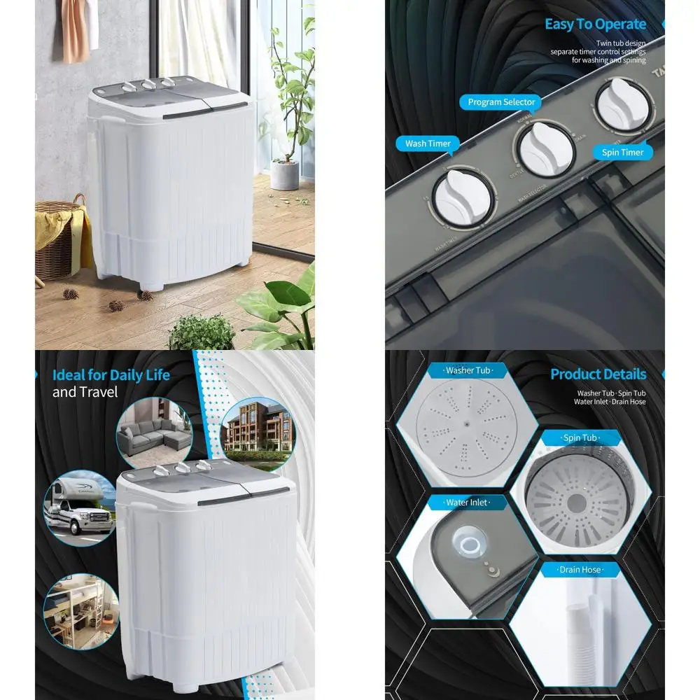 

Компактная портативная стиральная машина с двумя баками и функцией отжима, идеально подходит для общежитий, квартир, автодомов и кемпинга (белый и серый цвета)