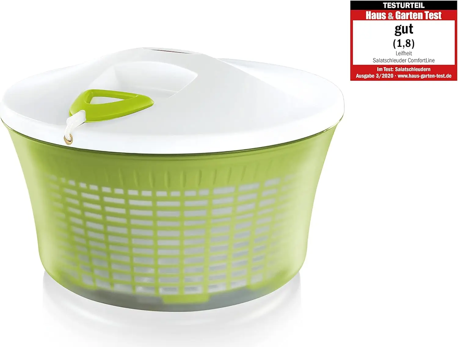 White‑Plastic Salad Spinner, ergonomic for left‑hand and right‑hand use, non‑slip base, gentle fast drying, multi‑use bowl can serve food after salad ingredient processing.