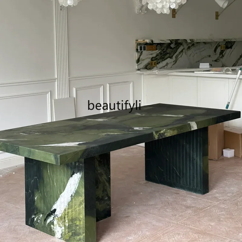 QNatural Avocado Green Marble Dining-Table Natural Luxury Stone Rectangular Dining Table Modern Simple Italian Light Luxury