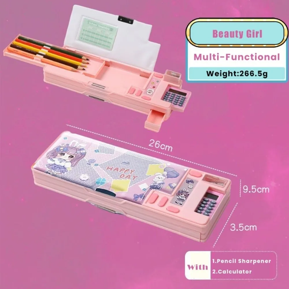 Double Layer Pencil Case With Calculator Astronaut/Animal Design Pencil Box Plastic Pencil Sharpener Stationery Organizer