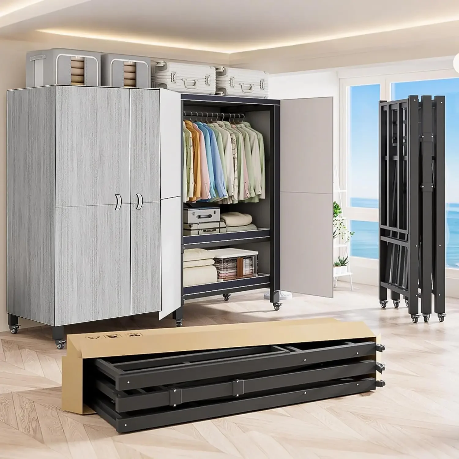 

Foldable Rolling Portable Clothes Rack With Cover Wheels Door Garment Rack Closet System Gray Hanging Clothing Metal Black