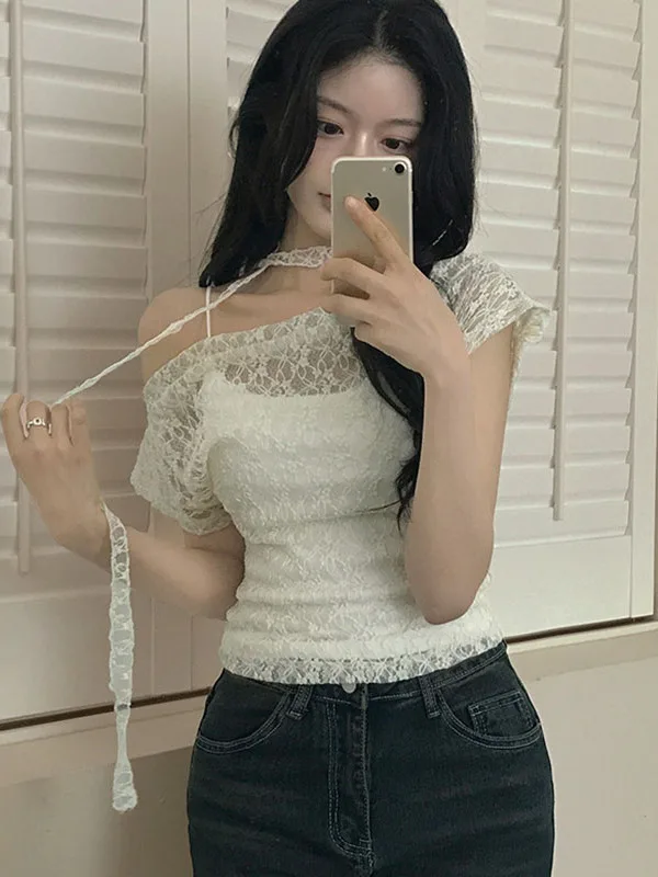 

Прозрачная футболка Romore Pure White Lace на одно плечо Sweet Girl Top из полиэстера ort Sve Slim Fit Summer Faion