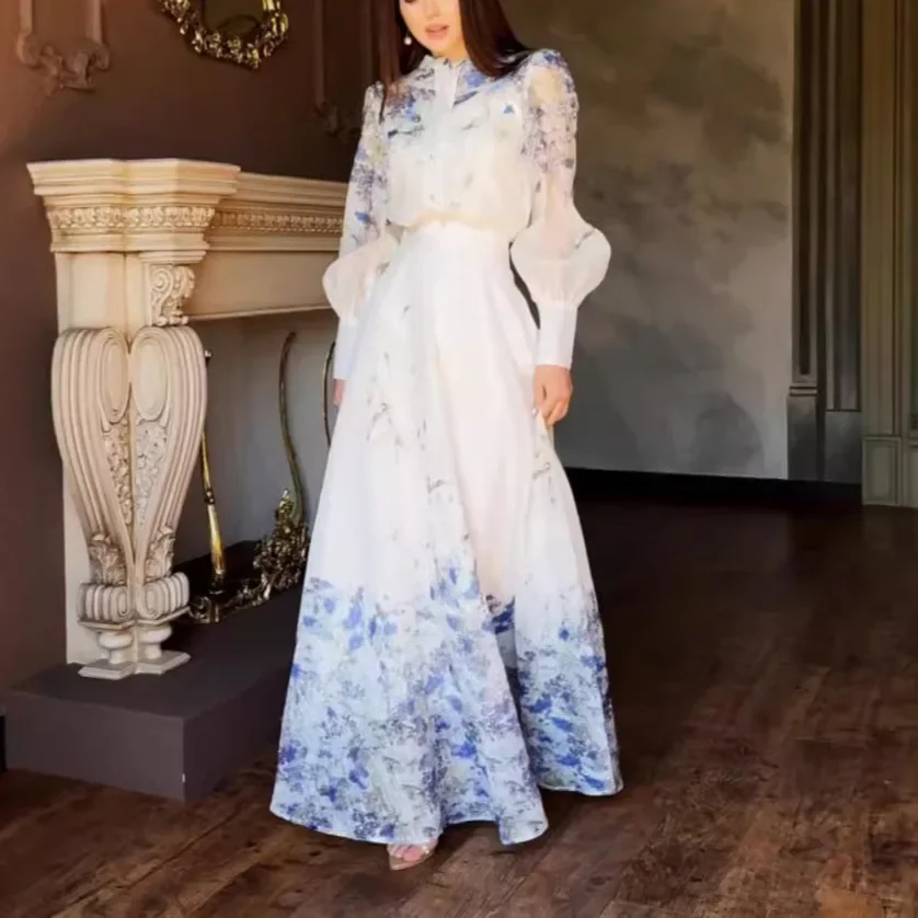 

Женское модное платье с ампирной талией, сексуальное, с длинным рукавом и принтом на пуговицах, облегающее элегантное платье, трансграничный новый стиль