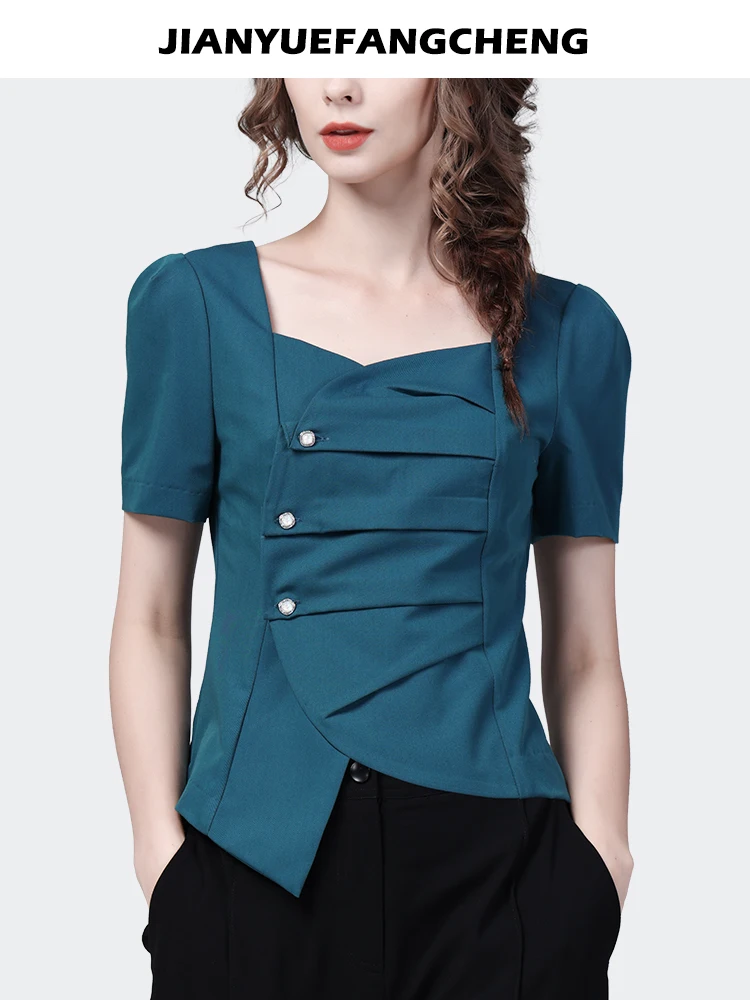 Fashion Square Neck Asymmetrial Design Women Short Sleeve Blue Shirt Elegant Slim French Style Summer Tops Button-down Blouses