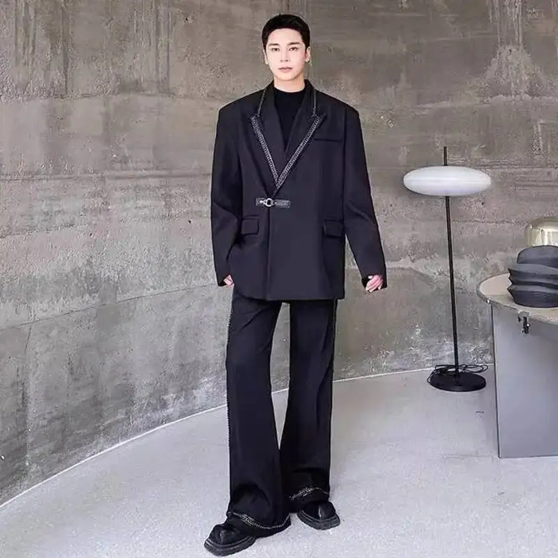 Autumn Trendy Male Set Metal Chain Design Lapel Wide Suit Jacket Personalized Wide Leg Flared Pants Men Two-piece CDR56