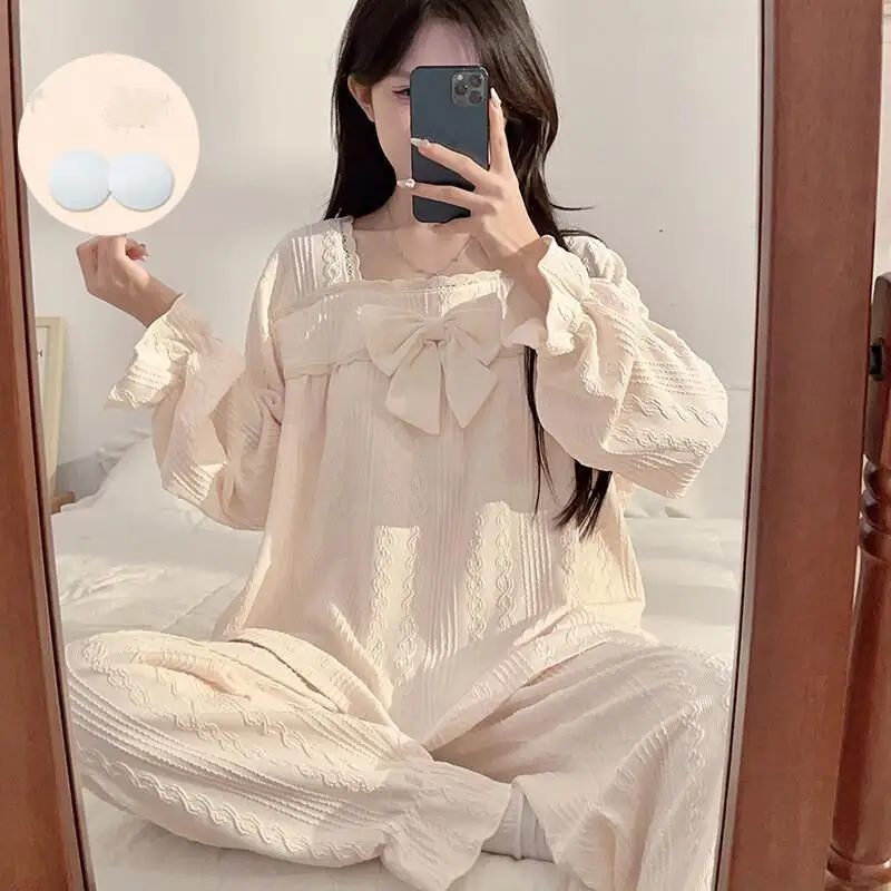 

Женские пижамы в стиле принцессы, весенне-осенние хлопковые брюки с длинными рукавами и бантом, сексуальные пижамы, модный комплект для отдыха в стиле аниме